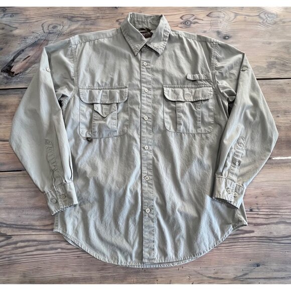 Wrangler Button Up Shirt Mens S Khaki Pockets Vented Roll Tab Sleeve Outdoors - Picture 1 of 8